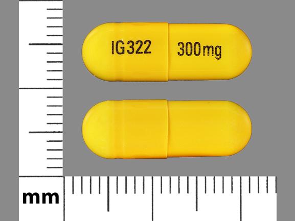 Gabapentin 300mg, InvaGen Pharmaceuticals, IG322 300 mg Pill - yellow capsule/oblong
