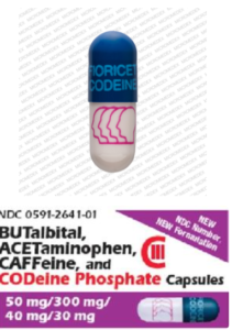 FIORICET CODEINE Logo (Four Heads) Pill - blue & gray capsule/oblong, 22mm - Watson Pharmaceuticals