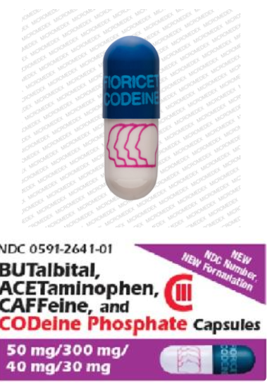 FIORICET CODEINE Logo (Four Heads) Pill - blue & gray capsule/oblong, 22mm  - Watson Pharmaceuticals