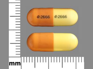 Gabapentin 300 mg, Actavis Elizabeth LLC, R 2666 R 2666 Pill - brown & yellow capsule/oblong, 19mm